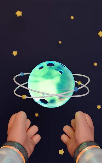 As mãos 3d seguram o planeta cosmonauta na exploração espacial de estrelas e galáxias do espaço sideral no banner de fundo ilustração de renderização 3d