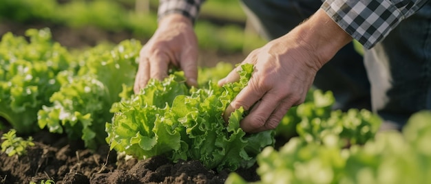 As mãos alimentam a alface na terra, simbolizando a sustentabilidade e a ligação entre os seres humanos e a agricultura