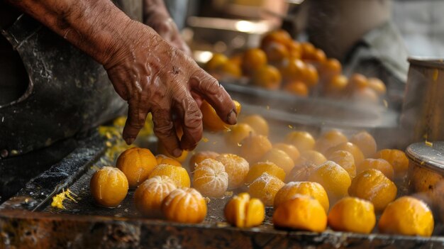 As mãos ásperas de um vendedor ambulante habilmente descascar laranjas e encher o ar com seus doces