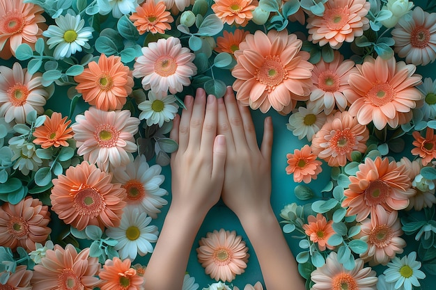 As mãos da mulher estão arranjando belas flores com um fundo verde