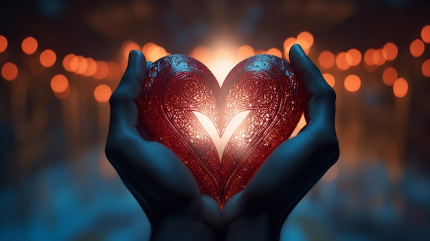 As mãos da mulher seguram uma forma de luzes brilhantes de um coração amoroso banner do dia dos namorados Generative AI