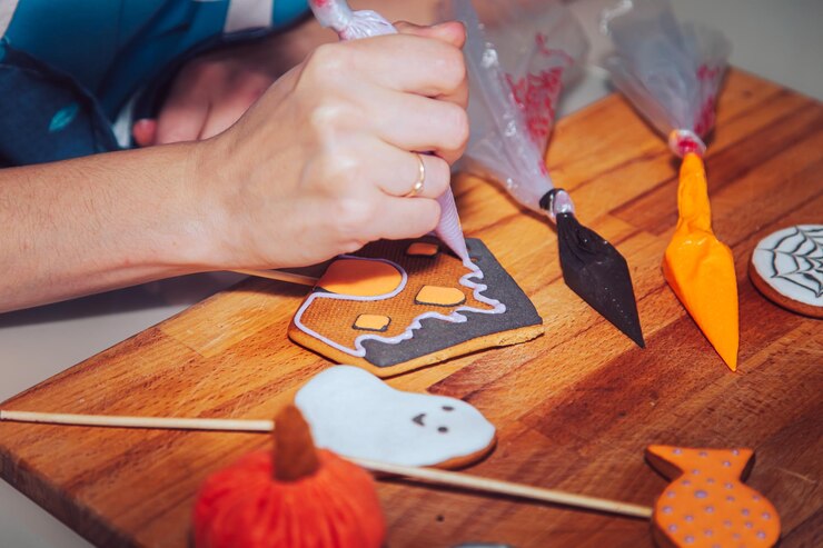 Foto as mãos das mulheres decoram o pão de gengibre como um doce presente de halloween para crianças