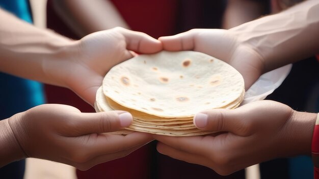 As mãos das pessoas estão separadas e segurando uma pilha de tortilhas