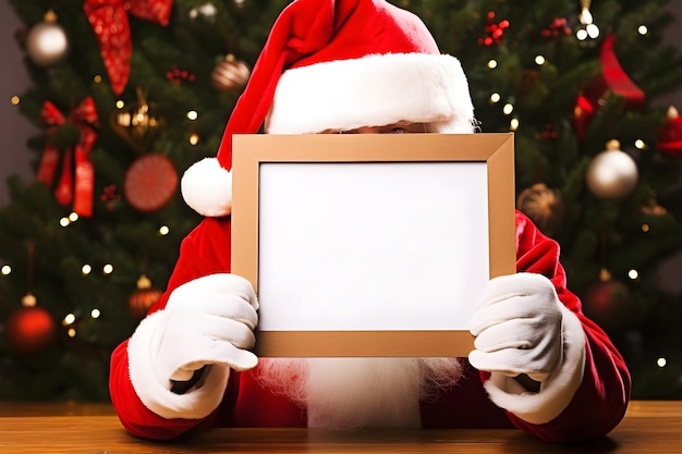 As mãos de Papai Noel segurando uma moldura de foto em um modelo de copyspace vazio