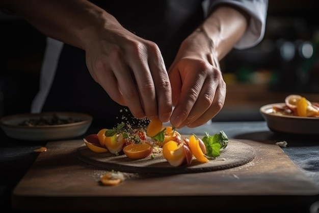 As mãos de um chef preparando habilmente um delicioso prato gourmet closeup extremo IA generativa