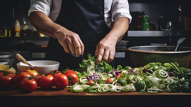 As mãos de um chef preparando uma salada cheia de nutrientes