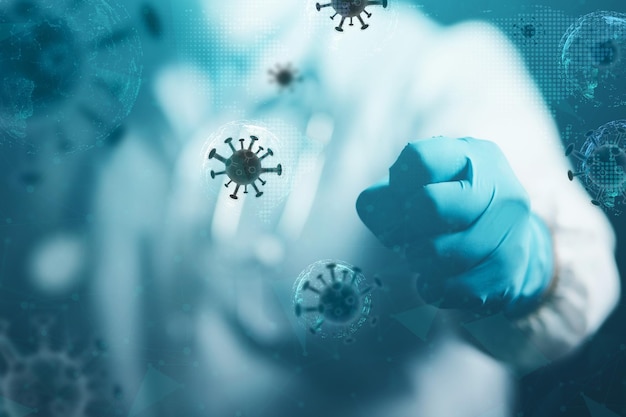 As mãos de um cientista ou médico em laboratório estão diagnosticando o vírus COVID19
