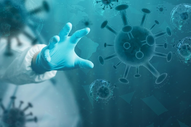 As mãos de um cientista ou médico em laboratório estão diagnosticando o vírus COVID19
