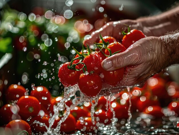 As mãos de um cozinheiro salpicam delicadamente tomates frescos com água em uma foto em close-up