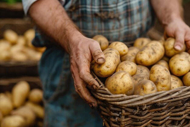 As mãos de um fazendeiro colhendo batatas Generative Ai