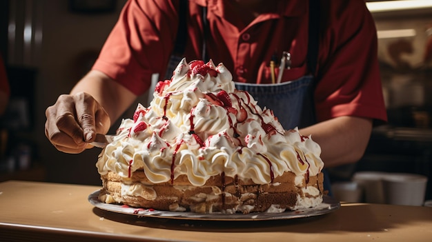 As mãos de um funcionário de uma sorveteria elaborando habilmente um banana split