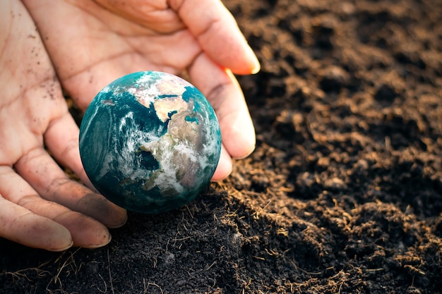 As mãos de um homem envolvem uma pequena terra caída no chão, o Dia Mundial do Meio Ambiente. Elementos desta imagem fornecidos pela NASA.