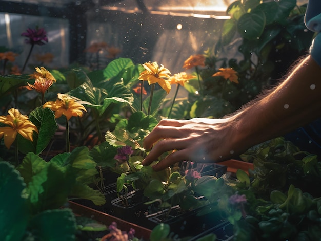 As mãos de um jardineiro cuidando de plantas em uma estufa são mostradas de perto Generative AI