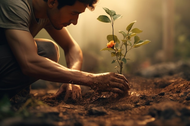As mãos de um jovem estão plantando uma flor em seu jardim