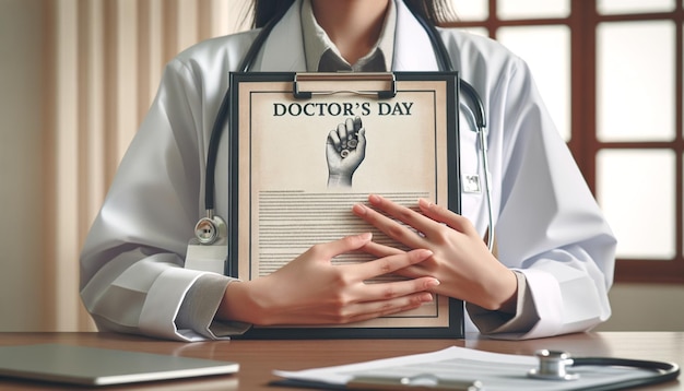 As mãos de um médico segurando um relatório médico com cuidado Dia Nacional do Doutor