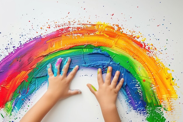 as mãos de uma criança pequena desenham um arco-íris na parede branca com cores brilhantes