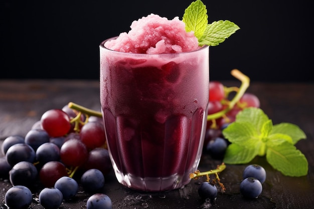 As mãos de uma criança segurando um copo de suco de uva com um sorriso