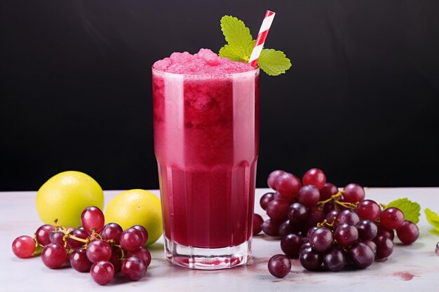 As mãos de uma criança segurando um copo de suco de uva com um sorriso