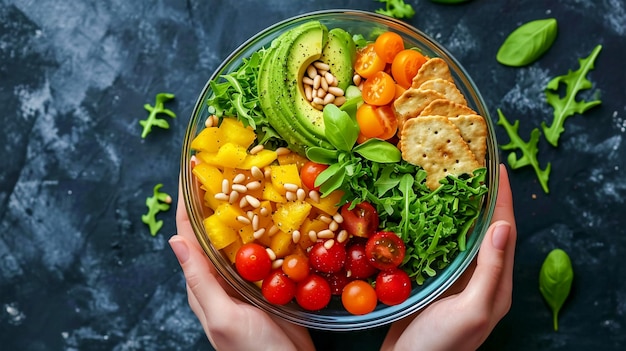 Foto as mãos de uma jovem mulher seguram uma tigela com uma salada de tomates frescos, abacate, pimenta amarela e verde.