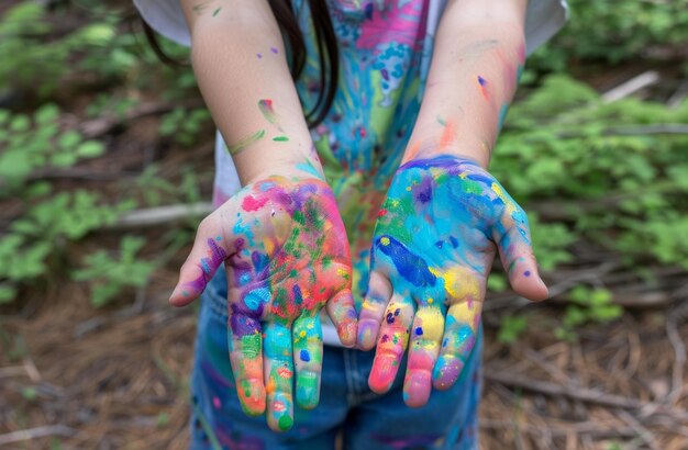 As mãos de uma menina pintadas em várias cores na imagem de arte do mundo criativo