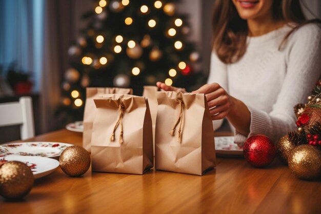 As mãos de uma mulher estão embalando presentes de Natal na véspera de Ano Novo