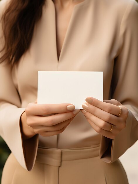As mãos de uma mulher seguram um cartão de visita em branco como uma maquete para mostrar uma estética de estilo beige