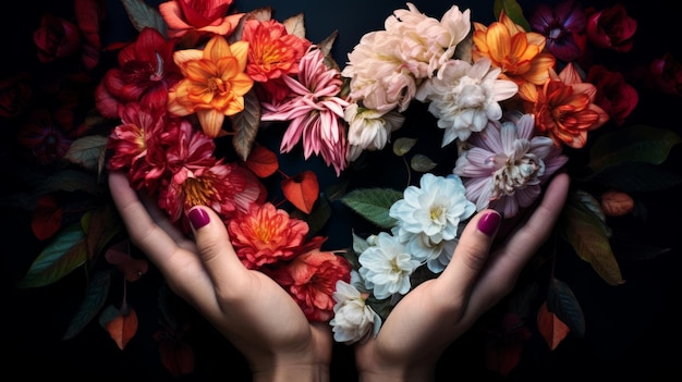 As mãos de uma mulher segurando um ramo de flores