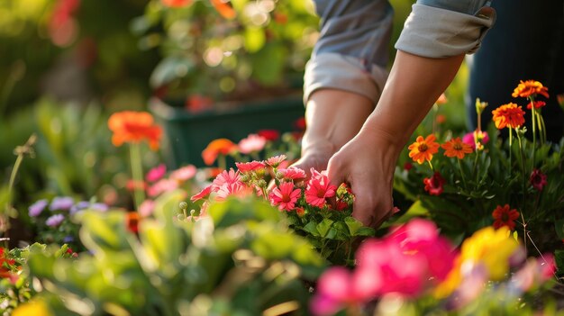 As mãos de uma pessoa cuidam cuidadosamente das flores vibrantes do jardim na suave luz solar