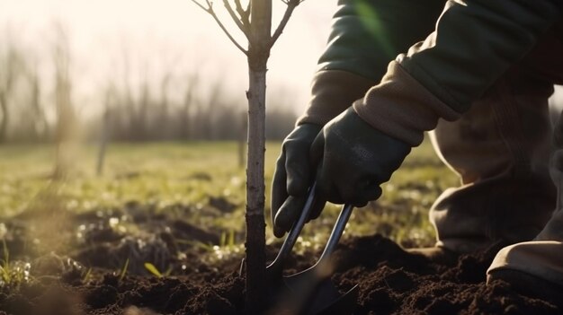 As mãos do agricultor estão plantando as mudas no solo