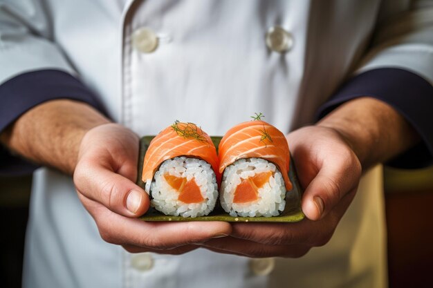 As mãos do chef de sushi apresentam a culinária tradicional japonesa
