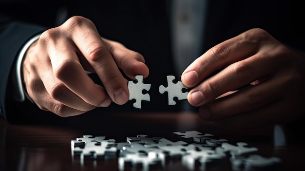 As mãos do empresário que conectam as peças do quebra-cabeça representam a fusão de duas empresas com IA generativa