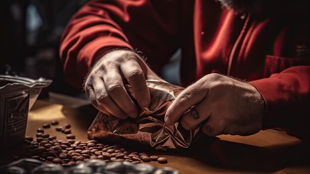 Foto as mãos do homem selam os pacotes de grãos de café.