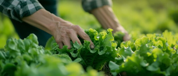 As mãos dos agricultores cuidam ternamente das verduras num jardim exuberante, refletindo o cuidado e o cultivo