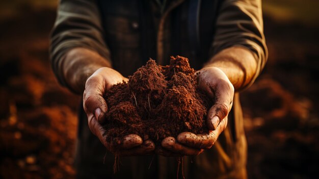 As mãos dos agrônomos seguram a terra gerada por ai