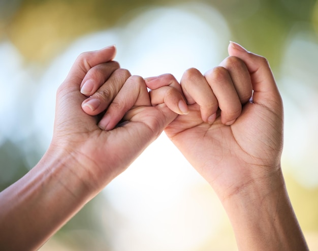 As mãos dos amigos prometem e engancham os dedos para apoiar, confiar e amar juntos na natureza ao ar livre Ampliar as mulheres e conectar a mão mindinho em esperança, respeito e compromisso de salvar o relacionamento de data