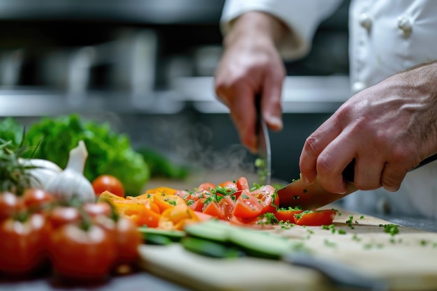 As mãos dos chefs cortam habilmente vegetais frescos na cozinha de um restaurante de luxo