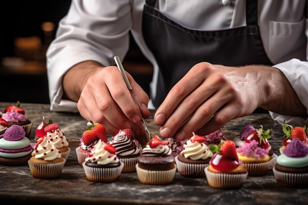 As mãos dos confeiteiros criam sobremesas artísticas