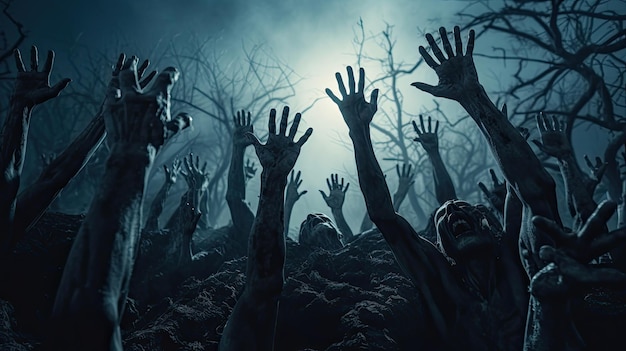Foto as mãos dos zumbis emergem do túmulo à noite cheias de sinais espirituais cercados por árvores mortas conceito de halloween
