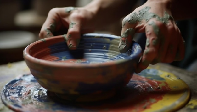 As mãos enlameadas do artesão moldam o vaso de barro gerado pela IA