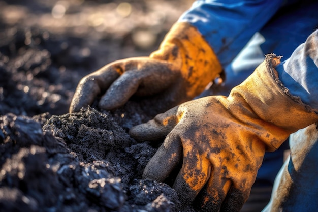 As mãos enluvadas de um homem estão pegando biochar para adicionar ao solo de seu jardim Biochar aumenta o carbono do solo para melhorar a produtividade agrícola e a fertilidade do solo
