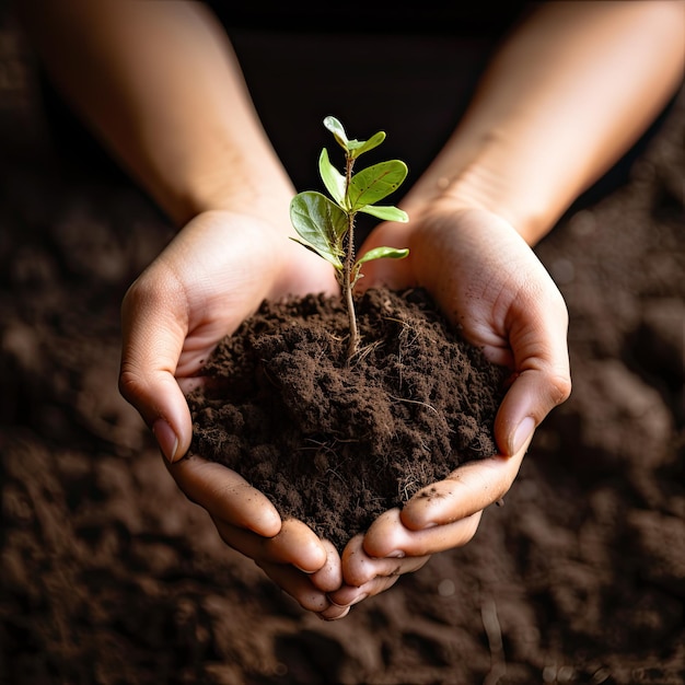 as mãos femininas seguram o solo do qual cresce um broto verde fechado Ecologia dia da terra ambiental