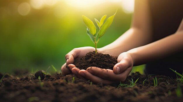 as mãos femininas seguram um monte de terra com um fundo de ecologia de grama verde gerada