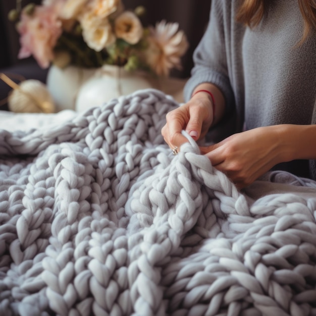 As mãos femininas tricotam um cobertor quente Feito à mão Manta texturizada em uma malha grande com fio grosso, material tecido macio e confortável