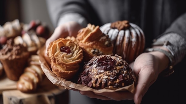 As mãos seguram bolos frescos e pães doces generativos ai