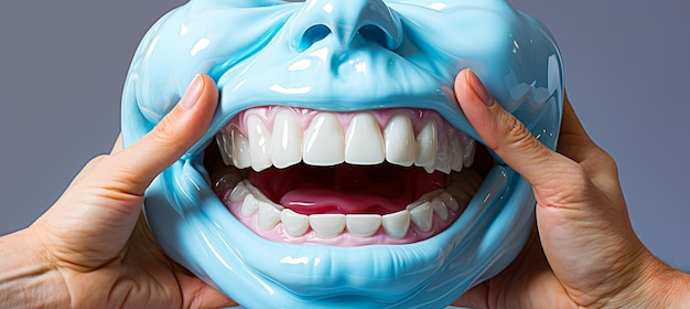 As mãos seguram uma máscara humana azul com um sorriso largo Modelo de dentadura de perto Generative AI