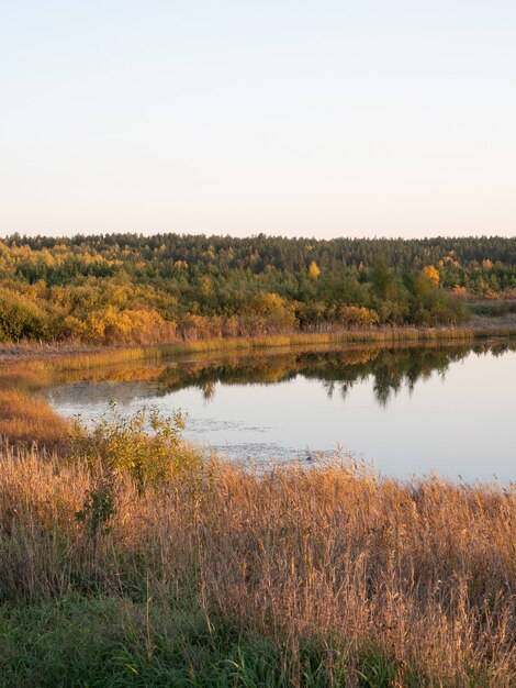 As margens, o céu e as árvores são refletidos na superfície da água