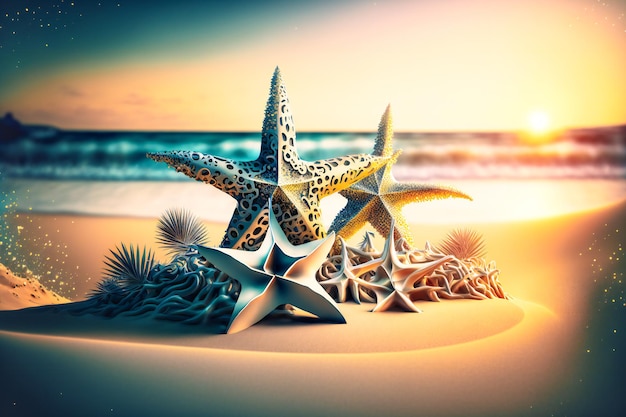 as melhores férias na praia com um fundo de estrela do mar, praia de verão, palmeiras,