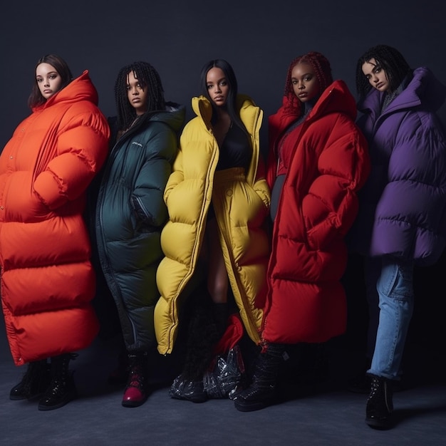 As modelos estão usando casacos coloridos da nova coleção da marca.