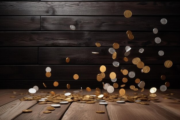 Foto as moedas de prata e ouro e moedas caindo na parede de madeira