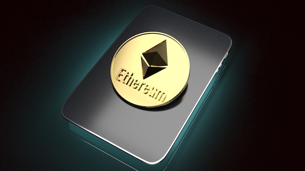 As moedas ethereum no tablet para renderização em 3d de conteúdo empresarial.